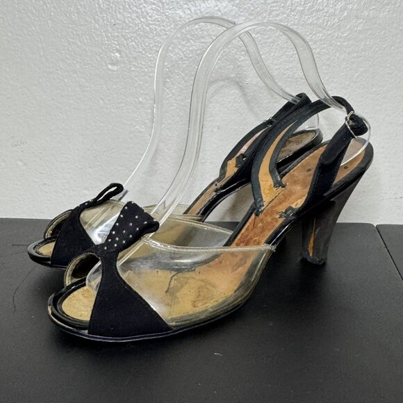 Vintage 40s Clear Plastic Black Suede Sling Back Open-Toe Heels, Vintage Pinup - Picture 1 of 11